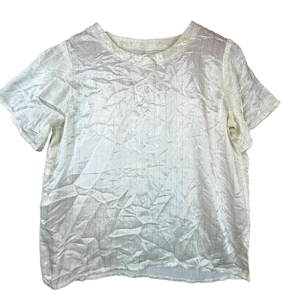 Womens Blouse Top Med Cream Gold Satin‎ Stripe Casual Lightweight Boho Shimmer
